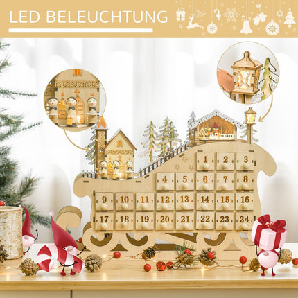 Adventní kalendář s 24 LED podsvícenými krabičkami, ve tvaru saní