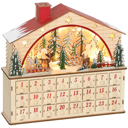 Adventní kalendář s 24 šuplíky, LED světla, dřevo, 36x10x34 cm