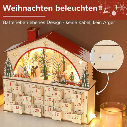 Adventní kalendář s 24 šuplíky, LED světla, dřevo, 36x10x34 cm