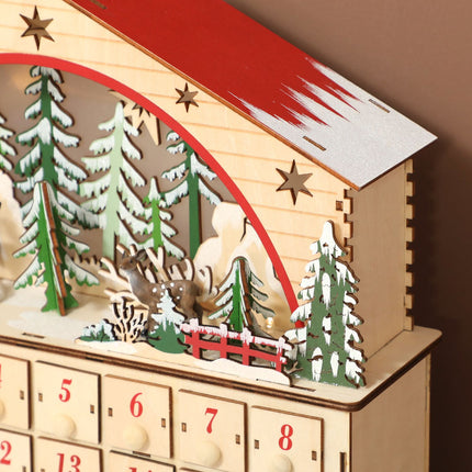 Adventní kalendář s 24 šuplíky, LED světla, dřevo, 36x10x34 cm