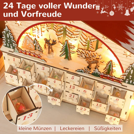 Adventní kalendář s 24 šuplíky, LED světla, dřevo, 36x10x34 cm