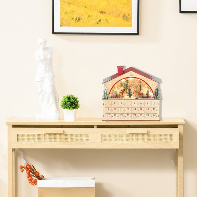 Adventní kalendář s 24 šuplíky, LED světla, dřevo, 36x10x34 cm