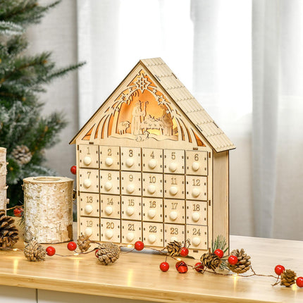 Adventní kalendář s 24 LED podsvícenými dřevěnými krabičkami