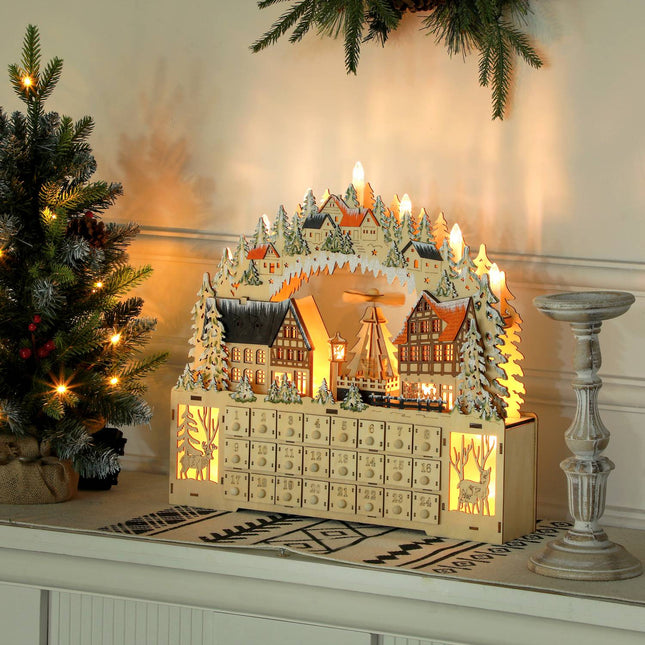 Adventní kalendář s LED světlem, dřevěný DIY 45x9x42.5 cm
