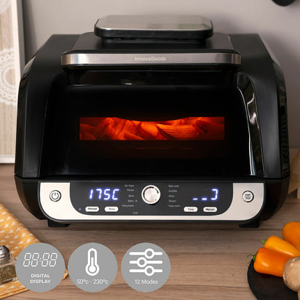 Horkovzdušná fritéza s grilem, příslušenstvím a kuchařkou InnovaGoods Fryinn 12-in-1 6000 Black Steel 3400 W 6 L