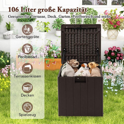 Úložný box do každého počasí 106L se zamykatelným víkem, vodotěsný zahradní box hnědý