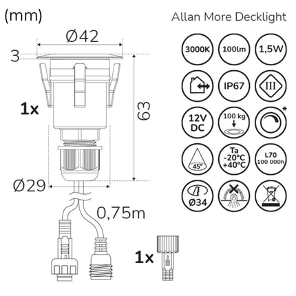 Allan More zápustné svítidlo do terasy 1 ks 12V 3000K 100lm IP67