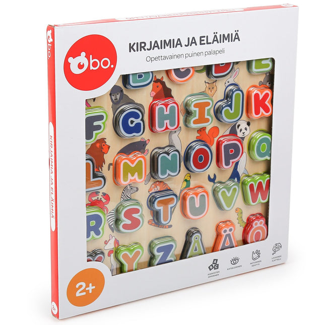 Dřevěné vzdělávací puzzle s abecedou a zvířaty ve finštině