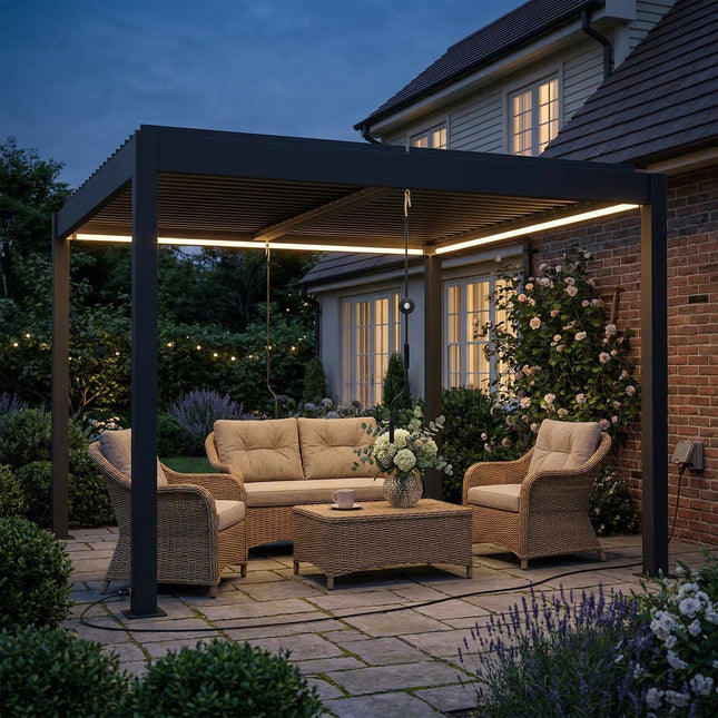 Hliníková pergola 3x3m s LED osvětlením a nastavitelnou střechou