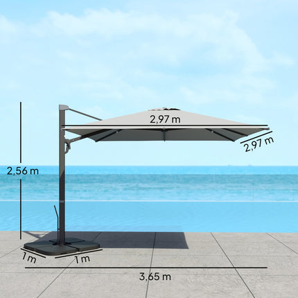 Aluminum Cantilever Umbrella 3x3m, Rotating 360°, Light Grey