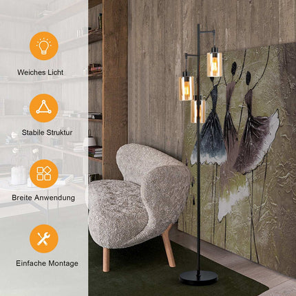 Stojací lampa s jantarovým sklem, 3 stínidla, nožní vypínač, kovová podstava