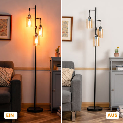 Stojací lampa s jantarovým sklem, 3 stínidla, nožní vypínač, kovová podstava