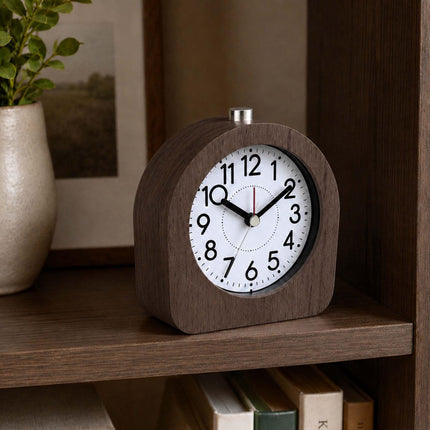 Analogue Beech Wood Alarm Clock with Snooze and Light, Dark Brown