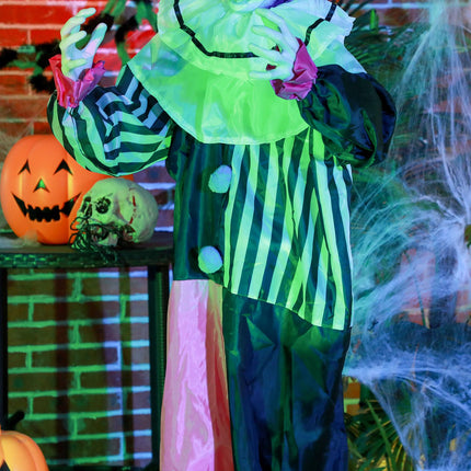 Pohyblivá halloweenská figurína klauna s pohybem a zvukem, 173 cm
