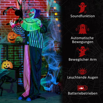 Pohyblivá halloweenská figurína klauna s pohybem a zvukem, 173 cm