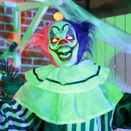 Pohyblivá halloweenská figurína klauna s pohybem a zvukem, 173 cm