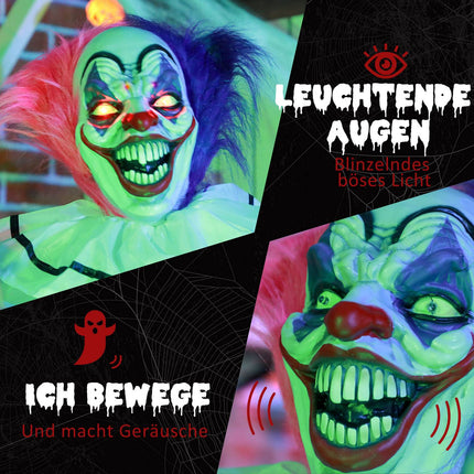 Pohyblivá halloweenská figurína klauna s pohybem a zvukem, 173 cm