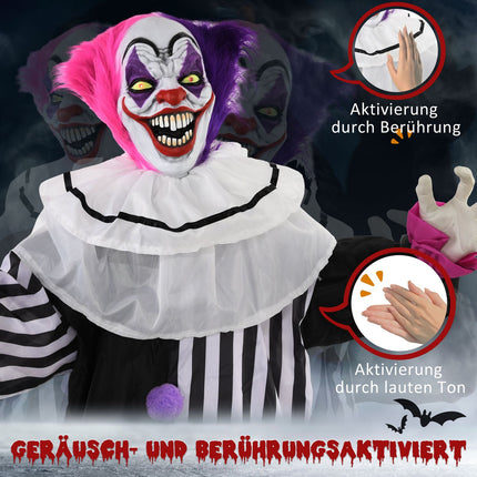 Pohyblivá halloweenská figurína klauna s pohybem a zvukem, 173 cm