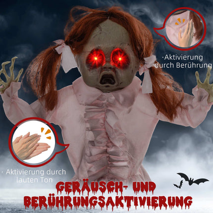 Pohyblivá halloweenská panenka, aktivace zvukem a dotykem, 76 cm