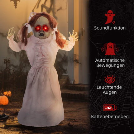 Pohyblivá halloweenská panenka, aktivace zvukem a dotykem, 76 cm