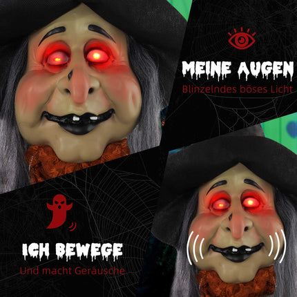 Pohyblivá halloweenská dekorace čarodějnice s červenýma očima, 183 cm