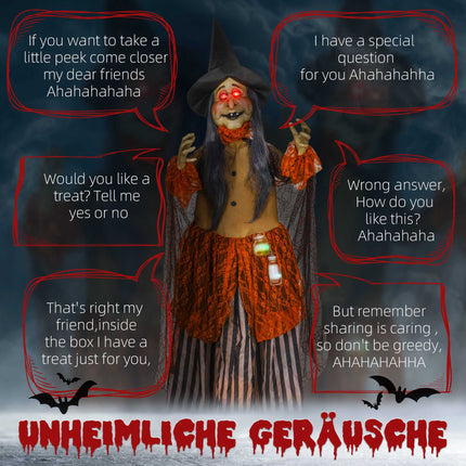 Pohyblivá halloweenská dekorace čarodějnice s červenýma očima, 183 cm