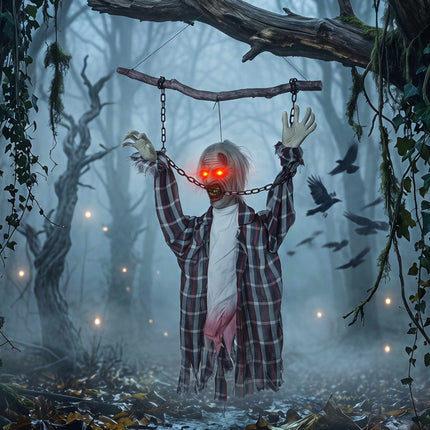 Animated Hanging Zombie Halloween Decor, 110 cm, Red LED Eyes