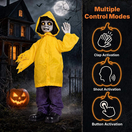 Animatronic Haunted Boy with Light-Up Eyes and Creepy Sounds, Yellow