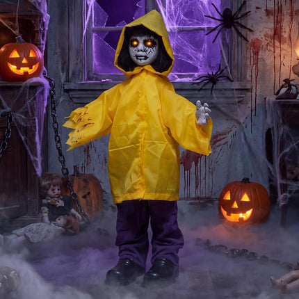 Animatronic Haunted Boy with Light-Up Eyes and Creepy Sounds, Yellow