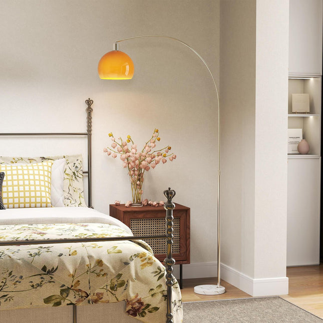 Oblouková stojací lampa s nožním vypínačem, mramorová základna, bílá/oranžová