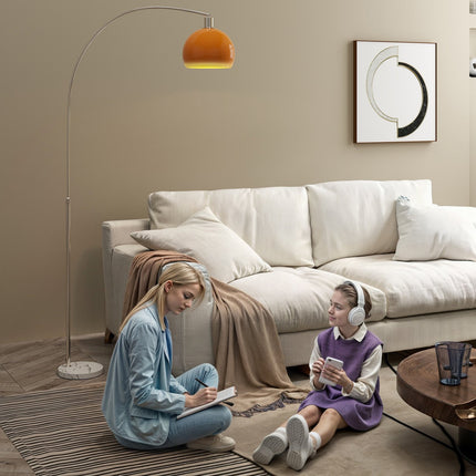 Oblouková stojací lampa s nožním vypínačem, mramorová základna, bílá/oranžová
