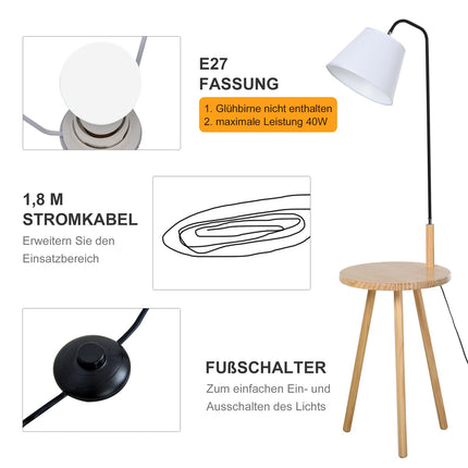 Skandinávská stojací lampa s dřevěným stolkem – bílá, 42x144Cm