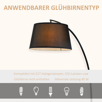 Moderní kovová oblouková stojací lampa s černým lněným stínidlem