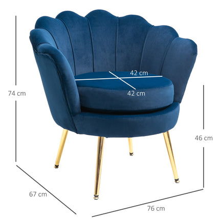 Blue shell-shaped upholstered velvet armchair with metal legs