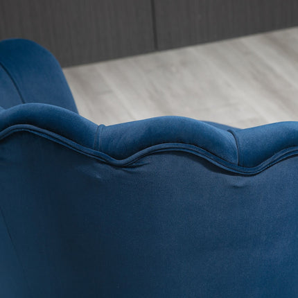 Blue shell-shaped upholstered velvet armchair with metal legs