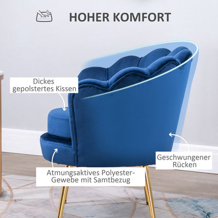 Blue shell-shaped upholstered velvet armchair with metal legs