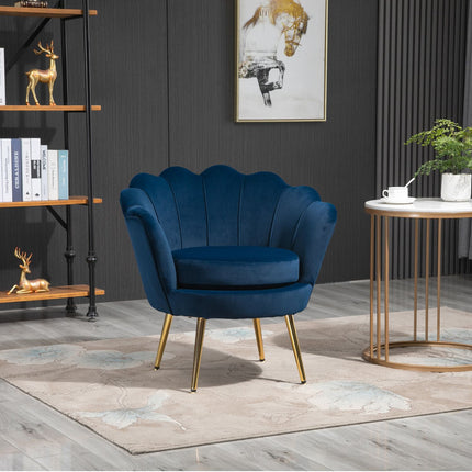 Blue shell-shaped upholstered velvet armchair with metal legs