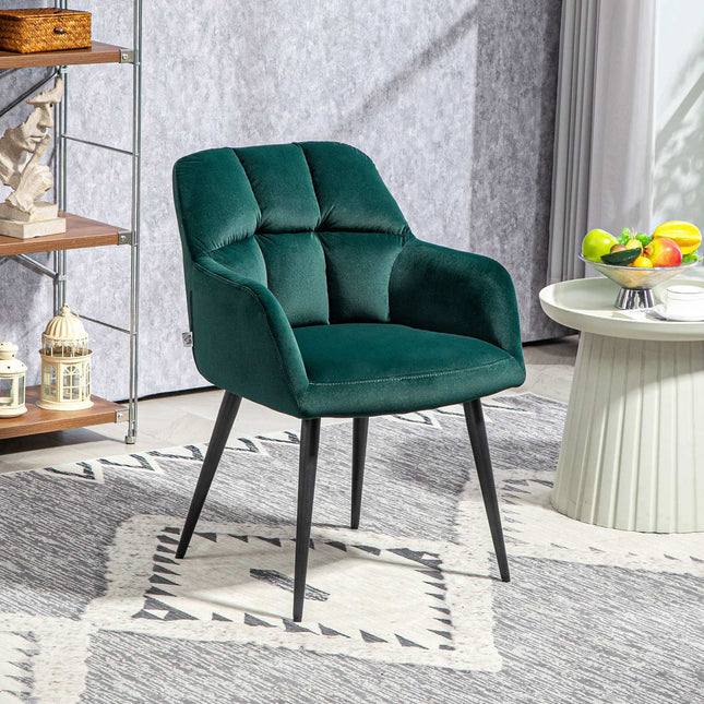 Fauteuil loungestoel met armleuningen, fluwelen look, gewatteerde relaxstoel met stalen poten, voor woonkamer, slaapkamer, donkergroen