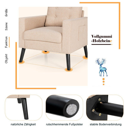 Armchair with 2 side pockets 53cm seat depth wing chair with armrests and back cushion 75 x 81 x 86 cm beige