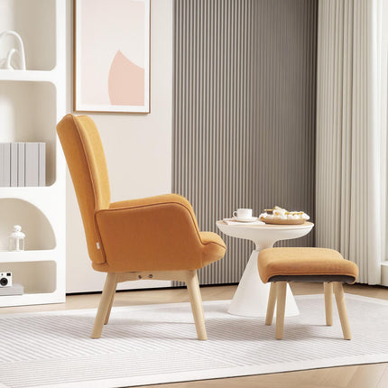 Wingback armchair with stool - Tufted corduroy, brown
