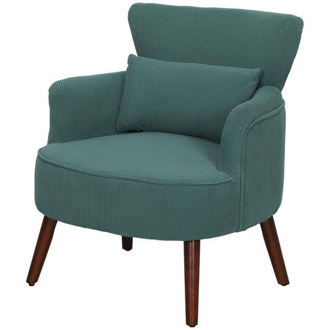 Fauteuil met rugleuning, afgeronde armleuningen, gestoffeerde loungestoel met koordlook, houten poten, voor slaapkamer, woonkamer, tot 120 kg, donkergroen
