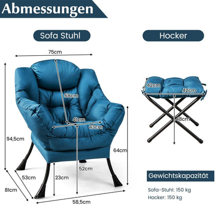 Křeslo s taburetem, područkami, boční kapsou a podnožkou, relaxační ušák, modrá