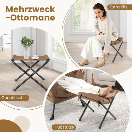 Křeslo s taburetem, područkami, boční kapsou a podnožkou, relaxační ušák, hnědá