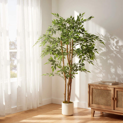 Artificial Banyan Tree 150 cm, Wood Trunk, White Pot
