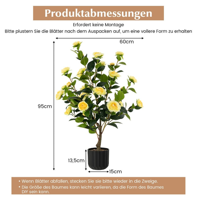 Umělá kamélie, 95 cm, žlutá, cementový květináč