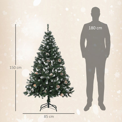 Umělý vánoční stromek, 150 cm, zasněžené větve, šišky