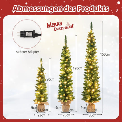 Artificial Christmas tree set of 3 pencil Christmas tree with lighting green