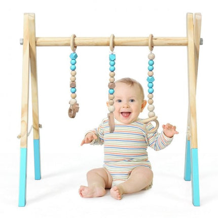 Baby Activity Gym, Wooden Foldable Frame, 3 Hanging Toys – Blue