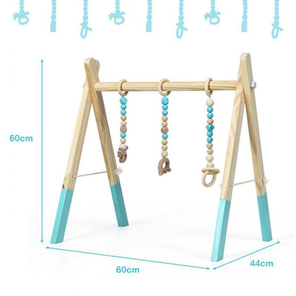 Baby Activity Gym, Wooden Foldable Frame, 3 Hanging Toys – Blue