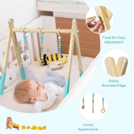 Baby Activity Gym, Wooden Foldable Frame, 3 Hanging Toys – Blue
